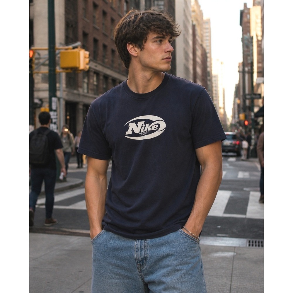 Nike Mens Vintage Graphic T-Shirt Production Model Navy Blue Large Tee